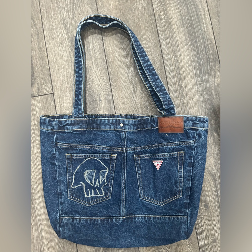 New Guess Denim Tote Mens Leather bag logo jeans carry all shoulder Malibu sack - Picture 2 of 6